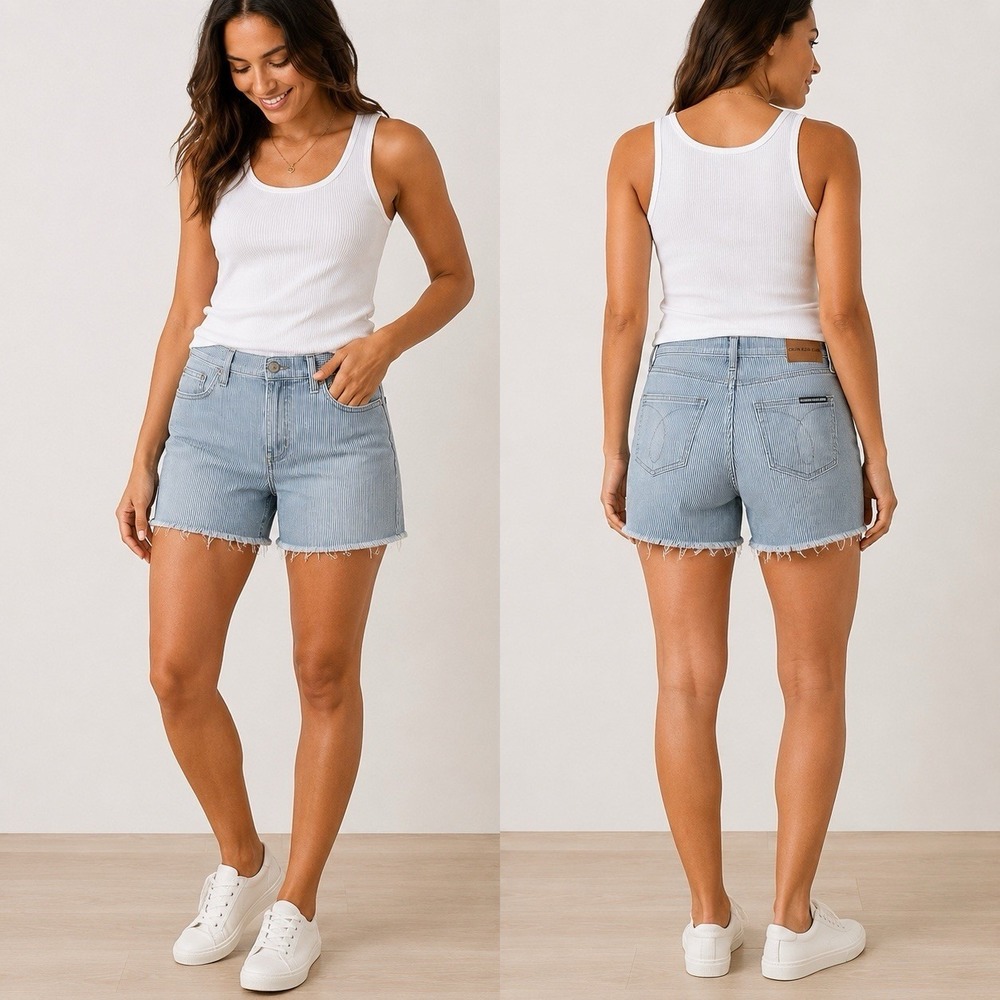 Calvin Klein Hi-Rise Cutoff Pin Stripe Denim Shorts  -Size 16- Stretch 6" inseam